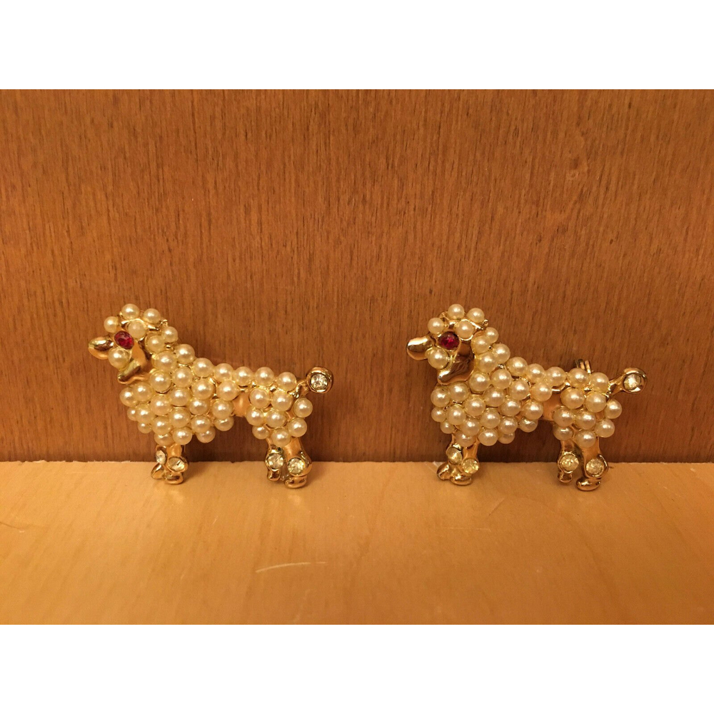 Vintage Faux Rhinestone Pearl Poodle Dog Brooch Pin Jewelry Set of 2